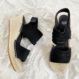 Eileen Fisher Largo Black Leather Jute Espadrille Wedge Sandal Heel Shoe…